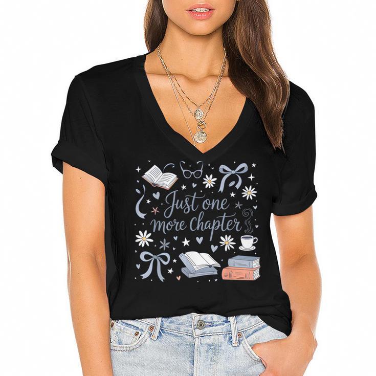 Girl Coquette Bow Just One More Chapter Book Bookish Reading Women's Jersey Short Sleeve Deep V-Neck Tshirt