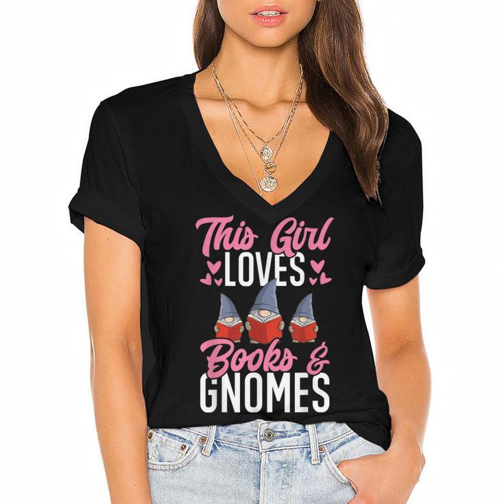 This Girl Loves Books And Gnomes Gardener Dwarf Garden Gnome Women's Jersey Short Sleeve Deep V-Neck Tshirt
