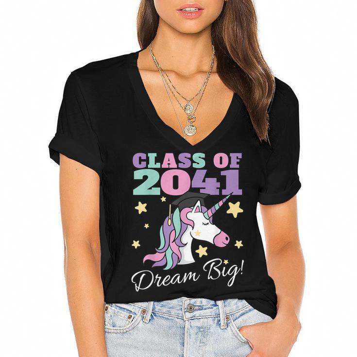 Girls Class Of 2041 Magical Unicorn Graduation Cap Women's Jersey Short Sleeve Deep V-Neck Tshirt				