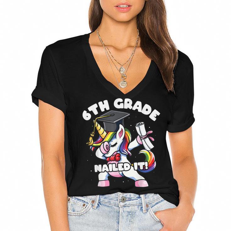 Girls Dabbing Unicorn 6th Sixth Grade Nailed It Graduation Women's Jersey Short Sleeve Deep V-Neck Tshirt				