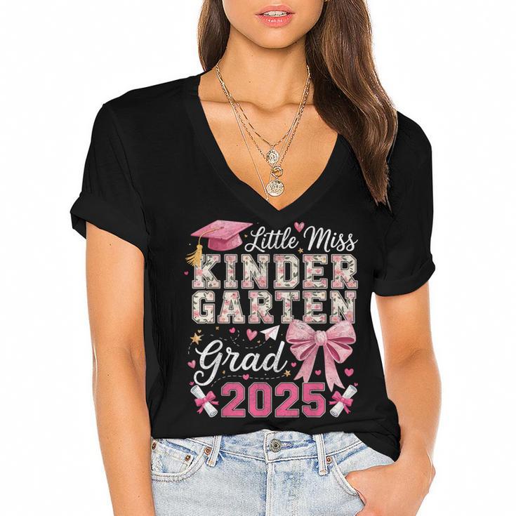 Girls Little Miss Kindergarten Grad 2025 Coquette Graduation Women's Jersey Short Sleeve Deep V-Neck Tshirt				