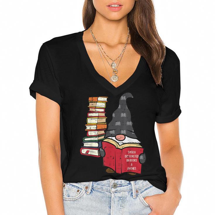 Gnome Read Reading Book Librarian Across America Women Kids Women's Jersey Short Sleeve Deep V-Neck Tshirt