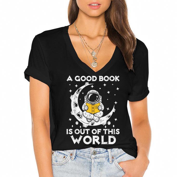 Good Book Is Out Of This World Astronaut Moon Space Reading Women's Jersey Short Sleeve Deep V-Neck Tshirt				
