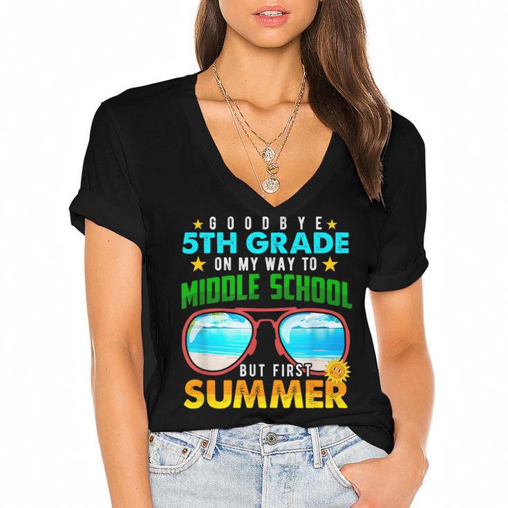 Goodbye 5th Grade Graduation To 6th Grade Hello Summer Kids Women's Jersey Short Sleeve Deep V-Neck Tshirt				