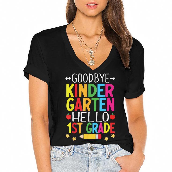 Goodbye Kinder Garten Hello 1st Grade Graduation 2024 Women's Jersey Short Sleeve Deep V-Neck Tshirt				