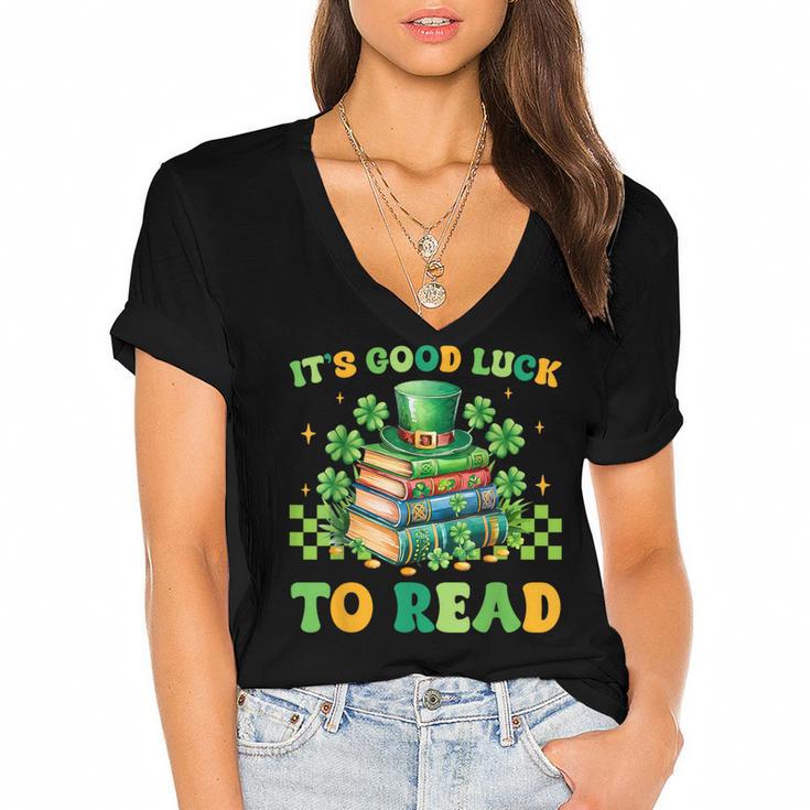 Goods Luck Read Librarian Book Patrick Days Shamrock Clover Women's Jersey Short Sleeve Deep V-Neck Tshirt				