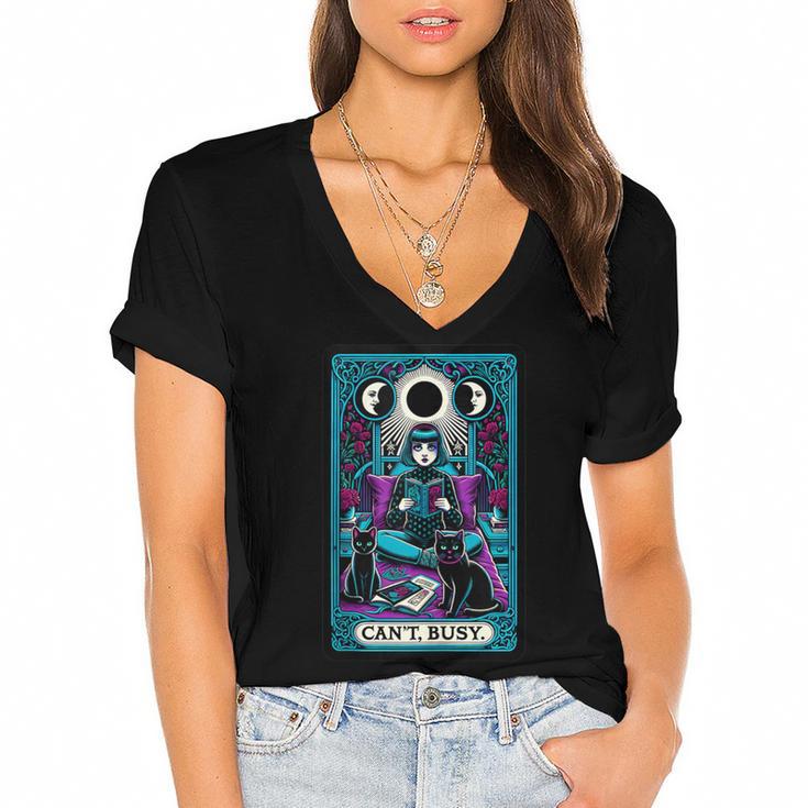 Gothic Girl Tarot Card Introverted Reader And Reading Women's Jersey Short Sleeve Deep V-Neck Tshirt