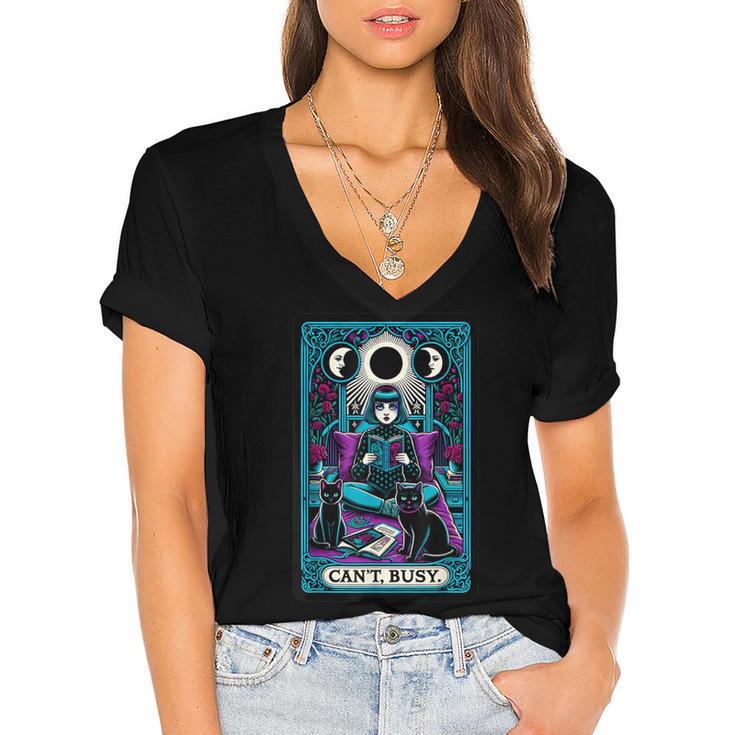 Gothic Girl Tarot Card Introverted Reader And Reading Women's Jersey Short Sleeve Deep V-Neck Tshirt