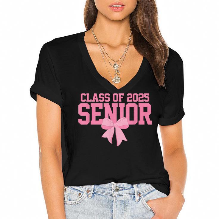 Graduate 2025 Class Of 2025 Senior Coquette Bow Graduation Women's Jersey Short Sleeve Deep V-Neck Tshirt				