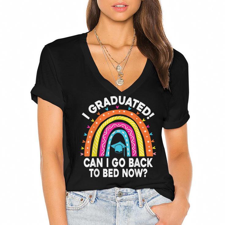 I Graduated Can I Go Back To Bed Now Graduation Hat Rainbow Women's Jersey Short Sleeve Deep V-Neck Tshirt				