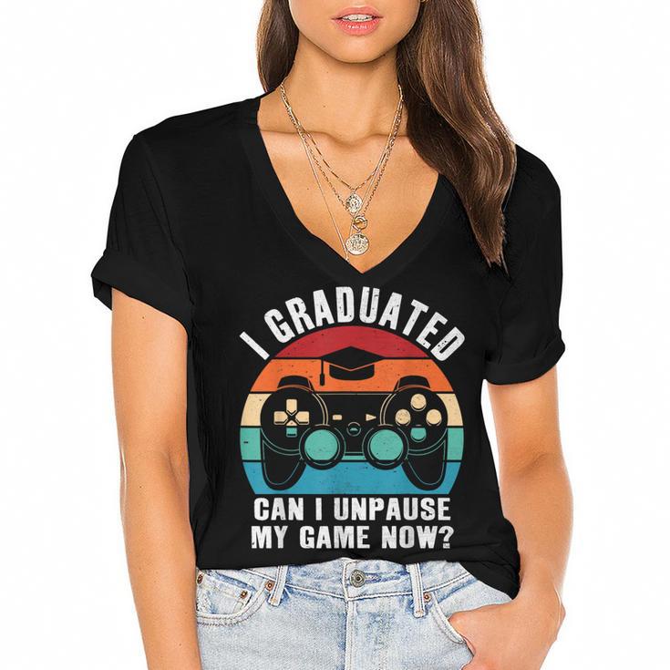 I Graduated Can I Unpause My Game Now Retro Graduation Women's Jersey Short Sleeve Deep V-Neck Tshirt				
