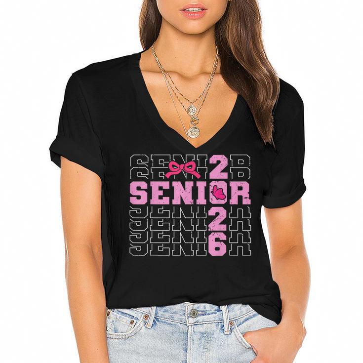 Graduation Class Of 2026 Senior 2026 Pink Bow Coquette Women's Jersey Short Sleeve Deep V-Neck Tshirt				