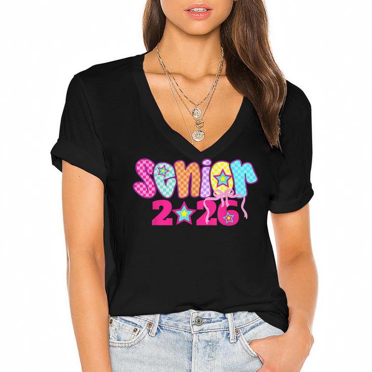 Graduation Class Of 2026 Senior Pink Coquette Bow 2026 Grade Women's Jersey Short Sleeve Deep V-Neck Tshirt				