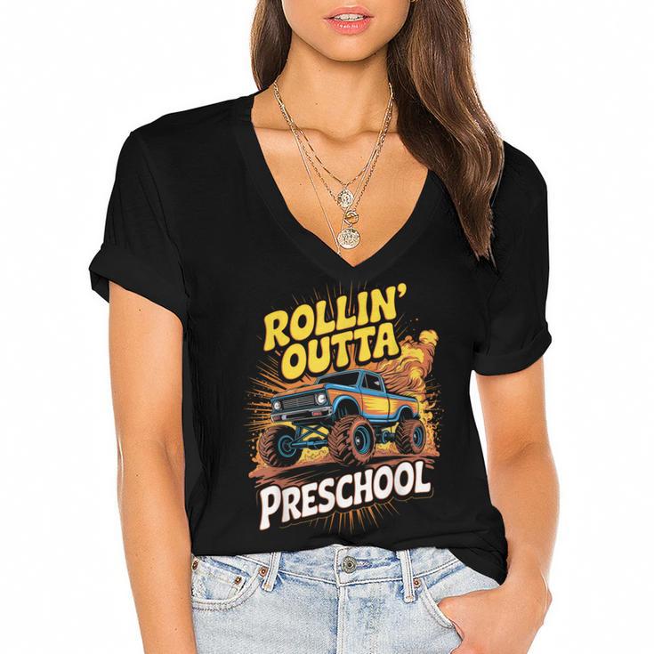 Graduation Rollin' Outta Preschool Monster Truck Boys Pre-K Women's Jersey Short Sleeve Deep V-Neck Tshirt				