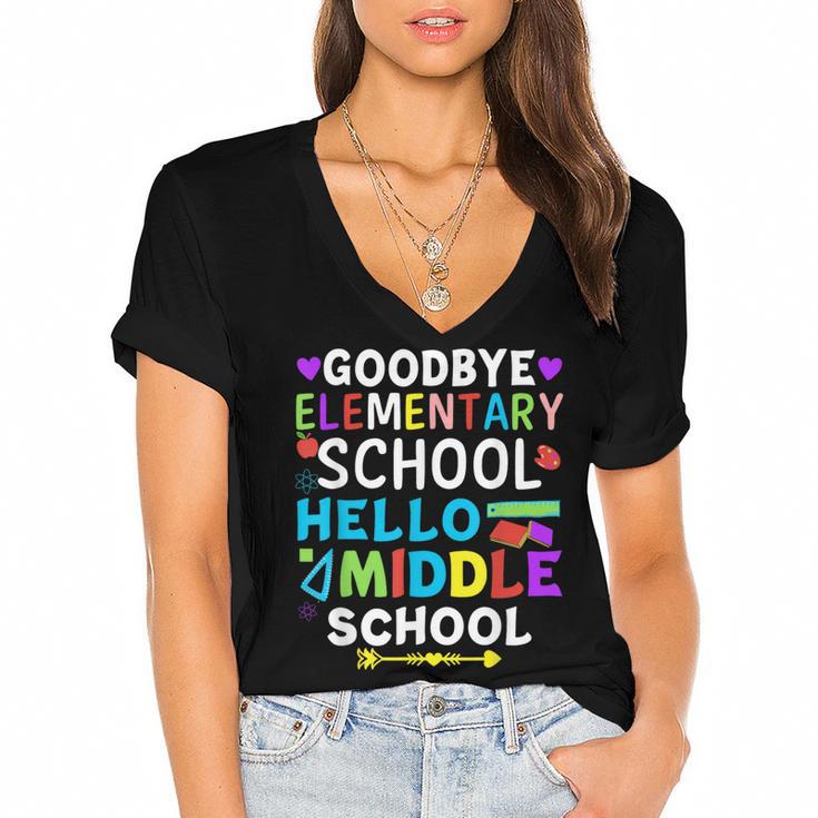 Graduation Shirt For 5th Grader Goodbye Hello Middle School Women's Jersey Short Sleeve Deep V-Neck Tshirt				