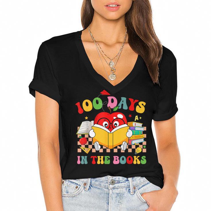 Groovy 100 Days In The Books Reading 100th Day Of School Women's Jersey Short Sleeve Deep V-Neck Tshirt				