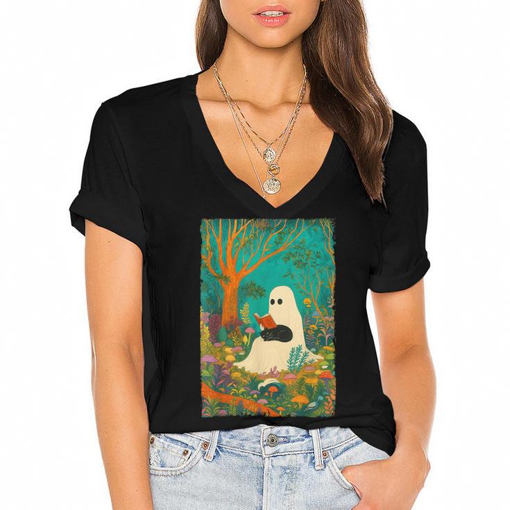 Groovy Ghost Reading Book Cat Halloween Ghost Teacher Women's Jersey Short Sleeve Deep V-Neck Tshirt				