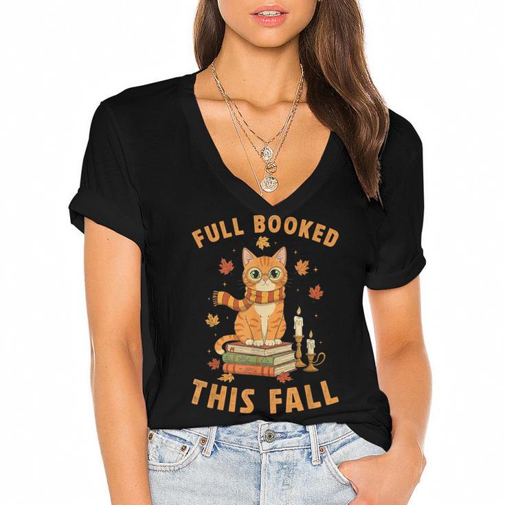Halloween Fully Booked This Fall Book Ginger Cat Reading Women's Jersey Short Sleeve Deep V-Neck Tshirt