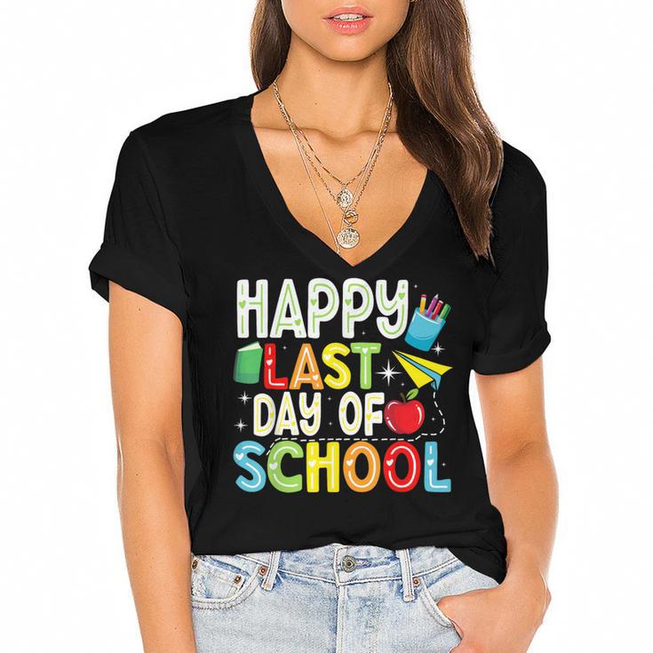 Happy Last Day Of School Teacher Kids Boys Girls Graduation Women's Jersey Short Sleeve Deep V-Neck Tshirt				