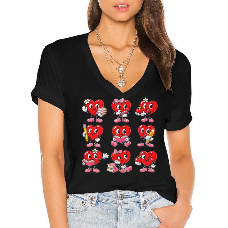 Heart Reading Books Valentine’s Day Girl And Boy Book Lovers Women's Jersey Short Sleeve Deep V-Neck Tshirt				