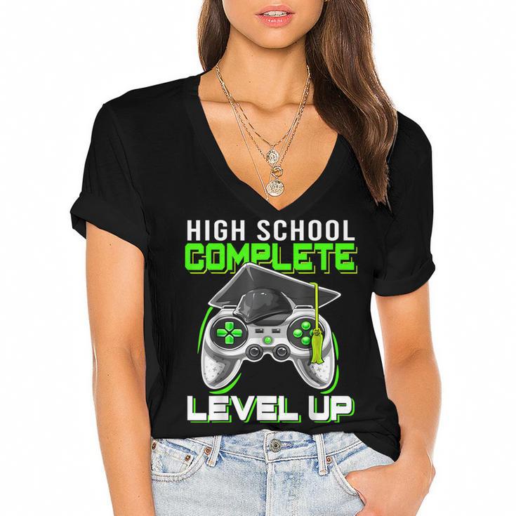 High School Level Complete Class Of 2024 Graduation Women's Jersey Short Sleeve Deep V-Neck Tshirt				