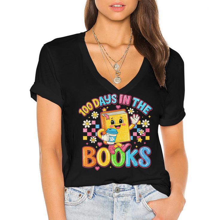 HUGvyn Preppy 100 Days In The Books Teacher Reading Coffee Women's Jersey Short Sleeve Deep V-Neck Tshirt				