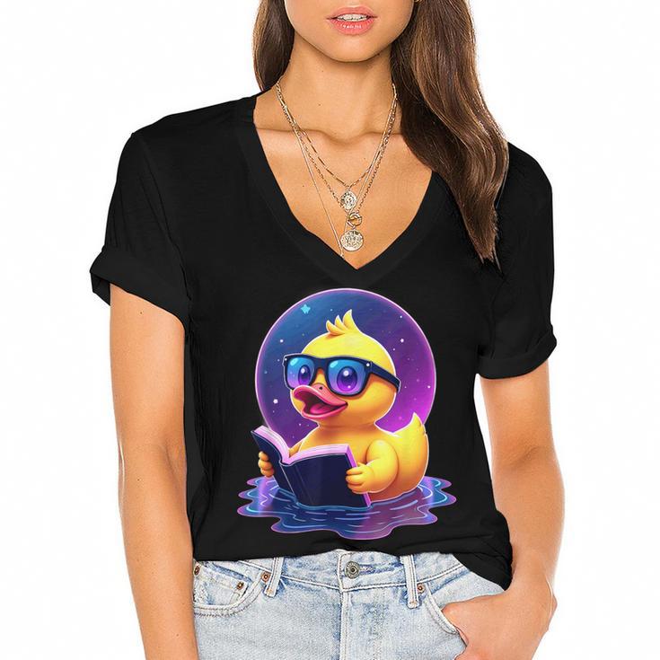 Humor Rubber Duck Reading Book Women's Jersey Short Sleeve Deep V-Neck Tshirt