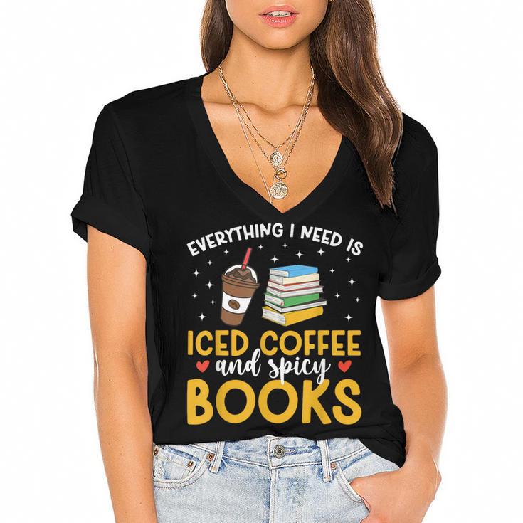 Iced Coffee And Spicy Books Iced Coffee Lover Cold Brew Women's Jersey Short Sleeve Deep V-Neck Tshirt				