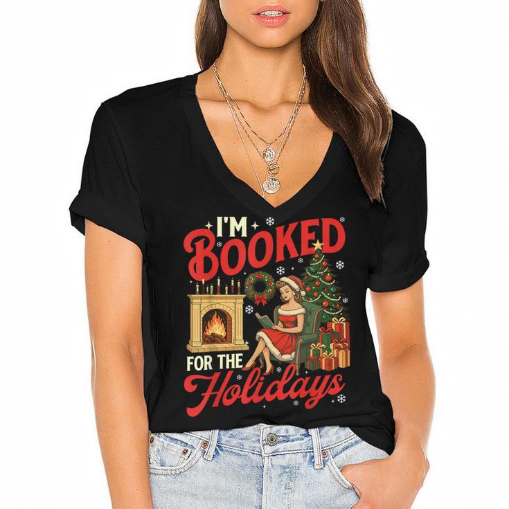I'm Booked For The Holidays Christmas Reading Bookworm Xmas Women's Jersey Short Sleeve Deep V-Neck Tshirt				