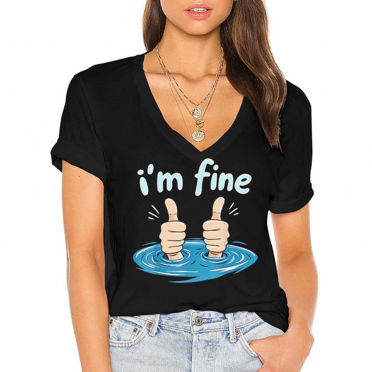 I'm Fine Drowning Thumbs Up Introvert Meme Humor Women's Jersey Short Sleeve Deep V-Neck Tshirt