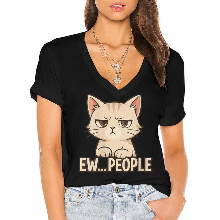 Introvert Anime Cat Ew People Women's Jersey Short Sleeve Deep V-Neck Tshirt