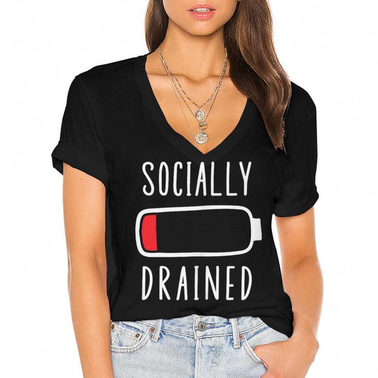 Introvert Socially Drained Battery Women's Jersey Short Sleeve Deep V-Neck Tshirt