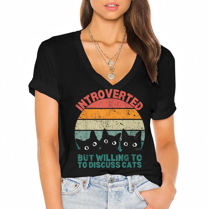 Introverted But Willing To Discuss Cats Women's Jersey Short Sleeve Deep V-Neck Tshirt