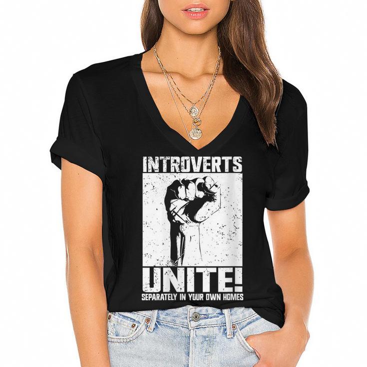 Introverts Unite Separately In Your Own Homes Introvert Women's Jersey Short Sleeve Deep V-Neck Tshirt				