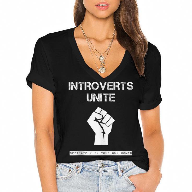 Introverts Unite Separately In Your Own Homes Sarcasm Women's Jersey Short Sleeve Deep V-Neck Tshirt