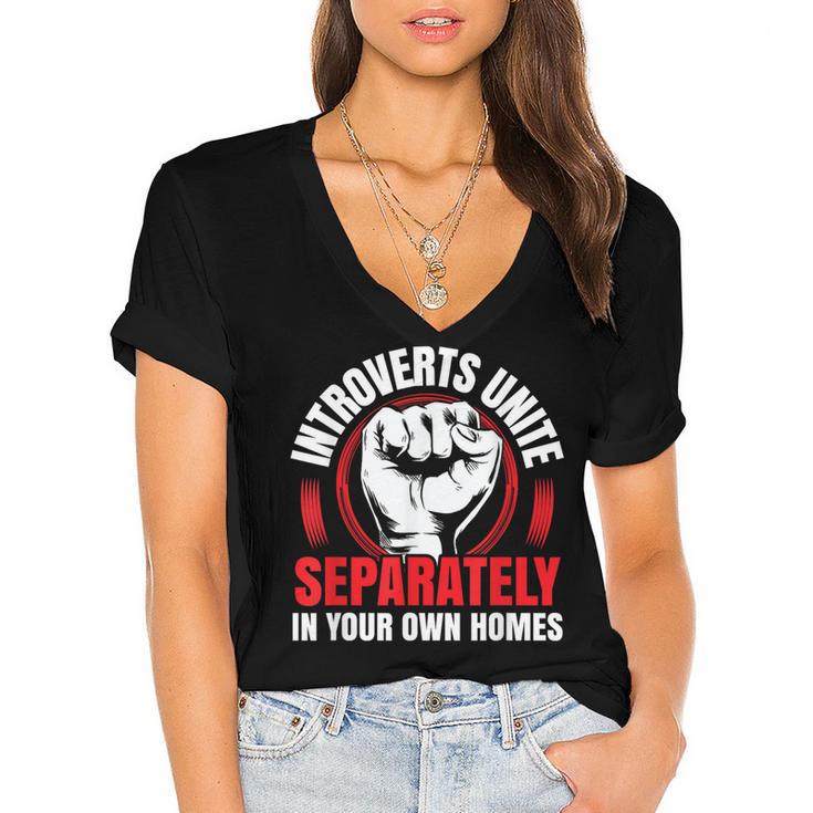 Introverts Unite Separately In Your Own Homes Saying Women's Jersey Short Sleeve Deep V-Neck Tshirt
