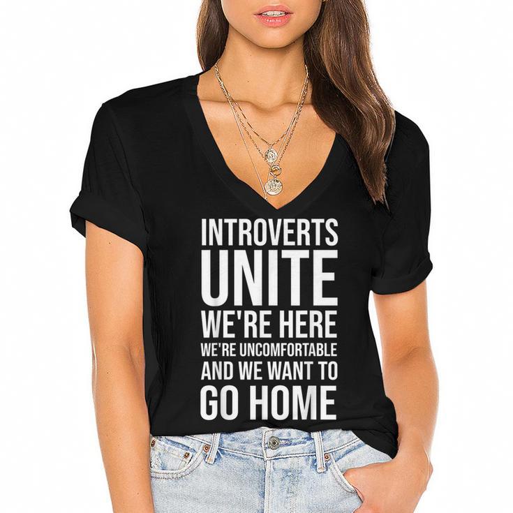 Introverts Unite We'Re Here We'Re Uncomfortable Women's Jersey Short Sleeve Deep V-Neck Tshirt