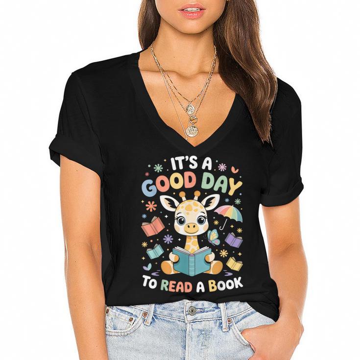 It's a Good Day To Read a Book Cute Giraffe Women's Jersey Short Sleeve Deep V-Neck Tshirt				