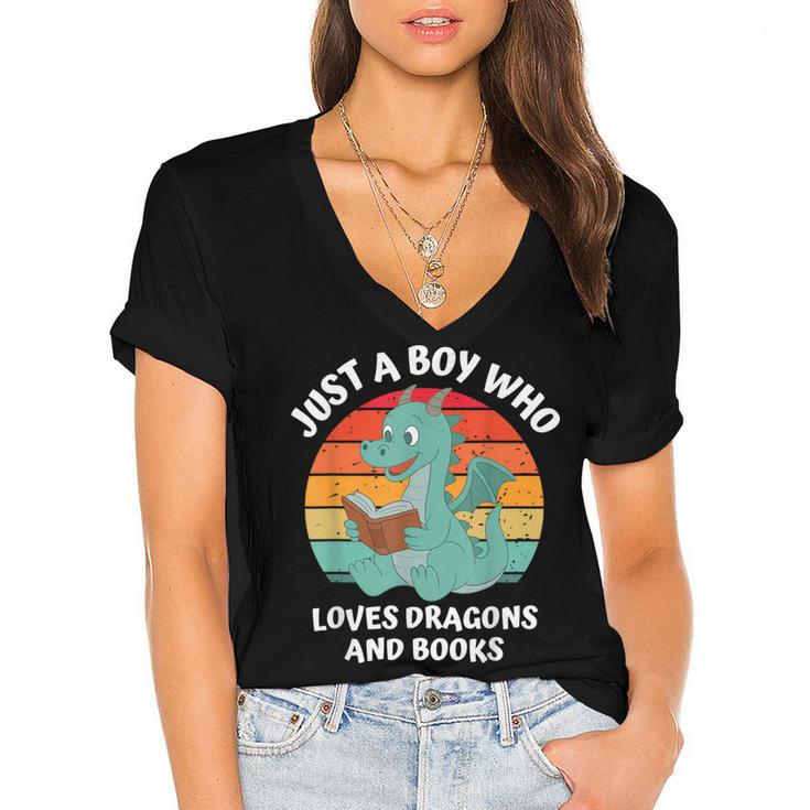 Just A Boy Who Loves Dragons And Books Kids Toddler Baby 5T Women's Jersey Short Sleeve Deep V-Neck Tshirt				