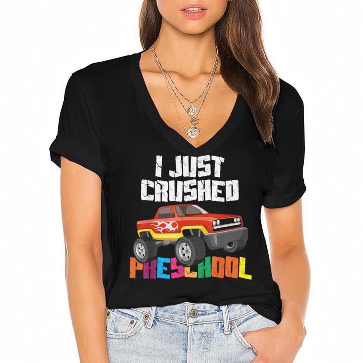 I Just Crushed Preschool Monster Truck Graduation Women's Jersey Short Sleeve Deep V-Neck Tshirt				