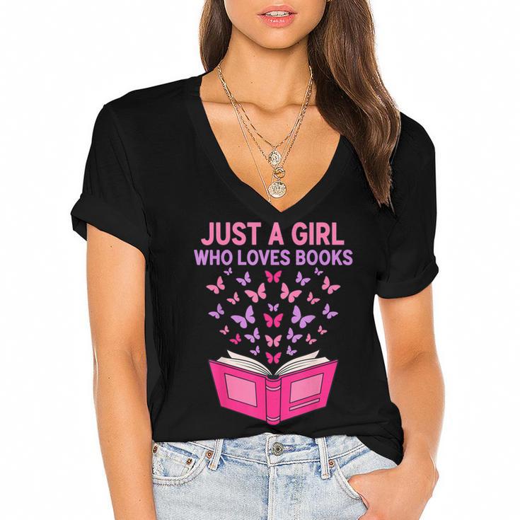 Just A Girl Who Loves Books Butterflies Reading Women's Jersey Short Sleeve Deep V-Neck Tshirt				