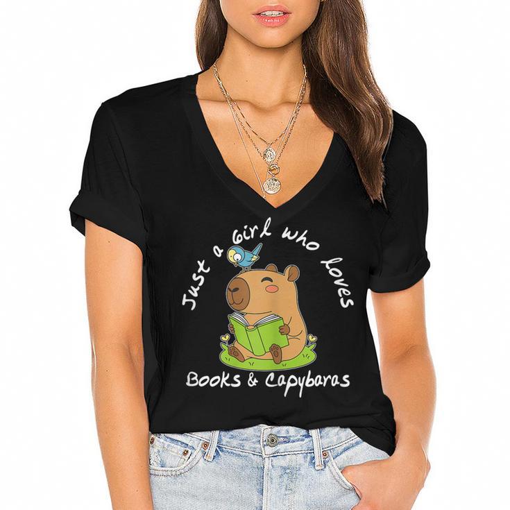 Just a Girl Who Loves Books And Capybaras Women's Jersey Short Sleeve Deep V-Neck Tshirt				