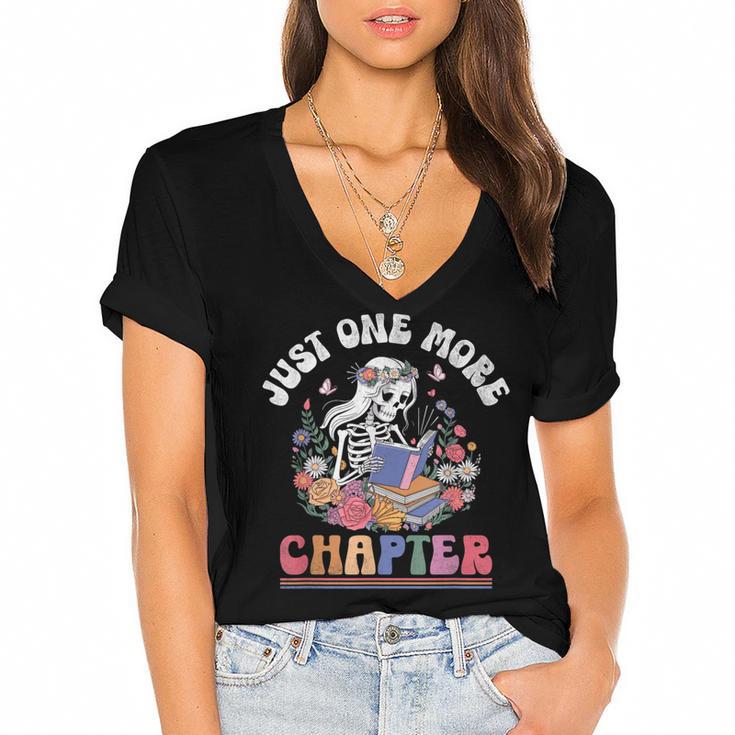 Just One More Chapter Skeleton Reading Book Bookworm Reader Women's Jersey Short Sleeve Deep V-Neck Tshirt				
