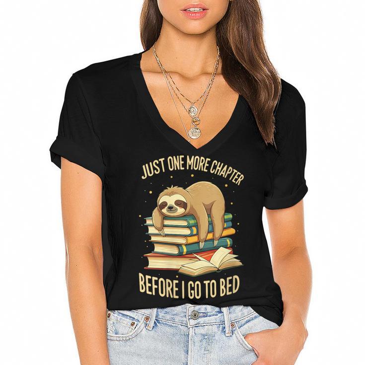 Just One More Chapter Sloth Sleeping On Books Reading Women's Jersey Short Sleeve Deep V-Neck Tshirt				