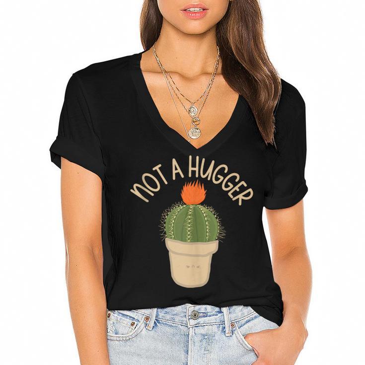 Kawaii Grumpy Cactus Not a Hugger Plant Introvert Women's Jersey Short Sleeve Deep V-Neck Tshirt