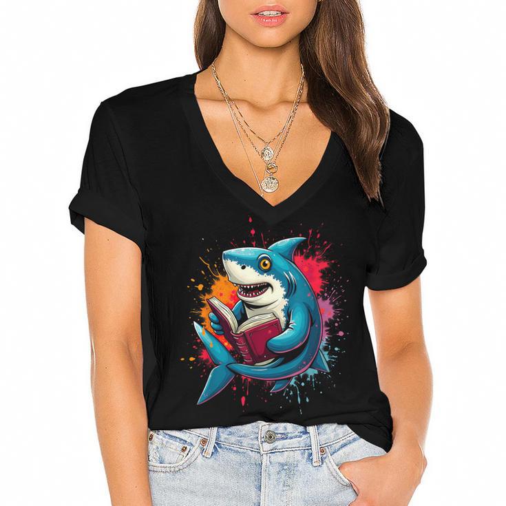 Kawaii Shark Reads Book Reading Library Book Bookworm Women's Jersey Short Sleeve Deep V-Neck Tshirt				