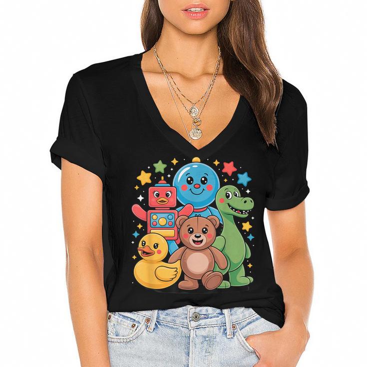 Kidcore Aesthetic Retro Vibes Colorful Cartoon Nostalgia Women's Jersey Short Sleeve Deep V-Neck Tshirt				