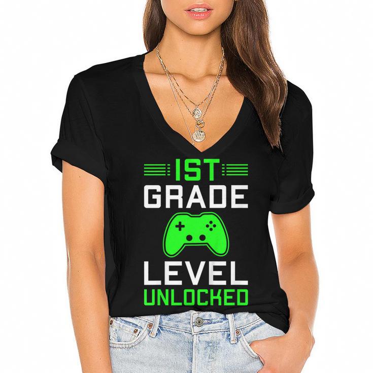 Kids 1st Grade Level Unlocked Back To School Gamer Graduation Women's Jersey Short Sleeve Deep V-Neck Tshirt				