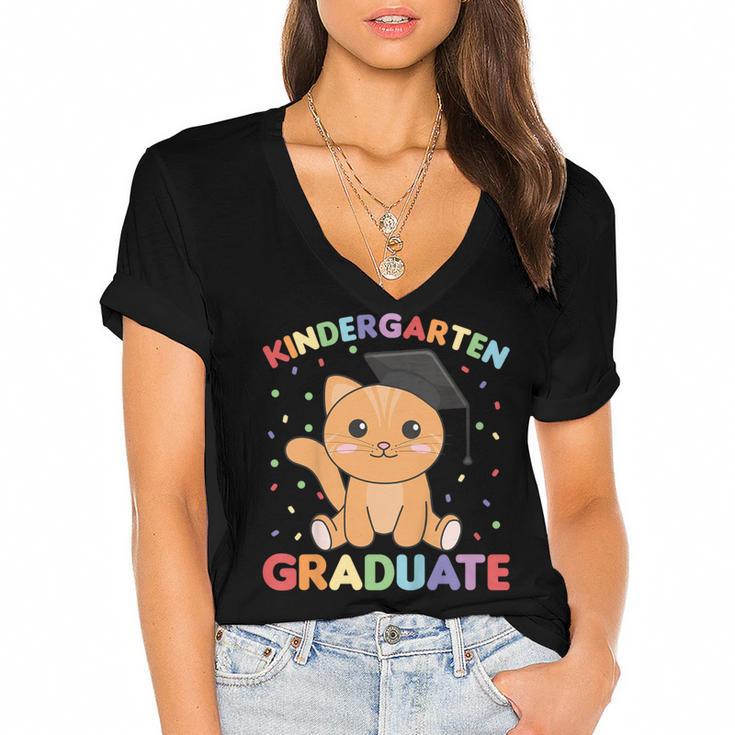 Kids Kindergarten Graduate Cat Graduation Women's Jersey Short Sleeve Deep V-Neck Tshirt				