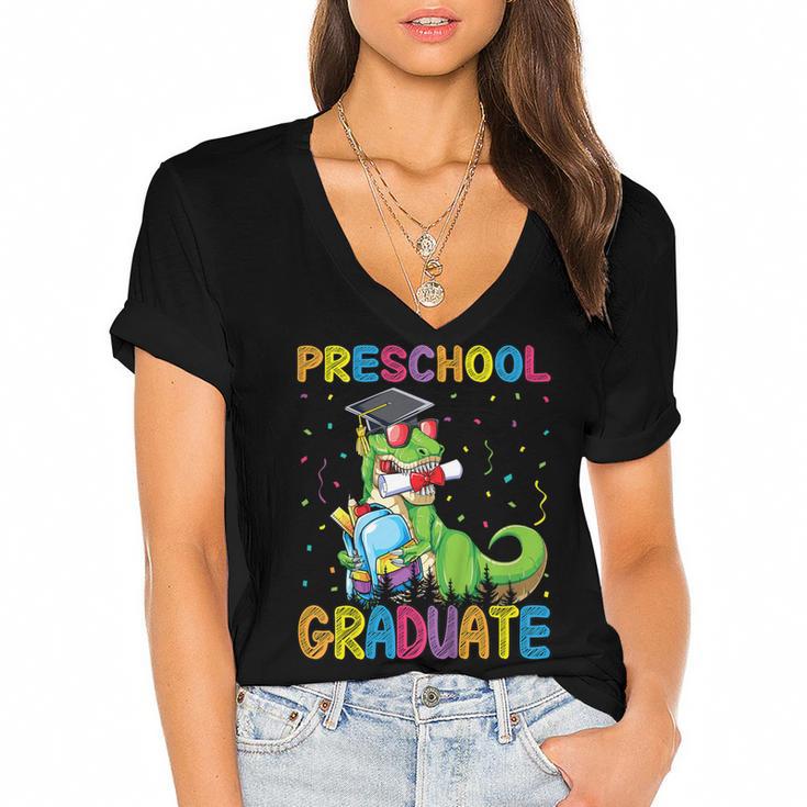Kids Preschool Graduate T-Rex Dinosaur Preschool Graduation Women's Jersey Short Sleeve Deep V-Neck Tshirt				